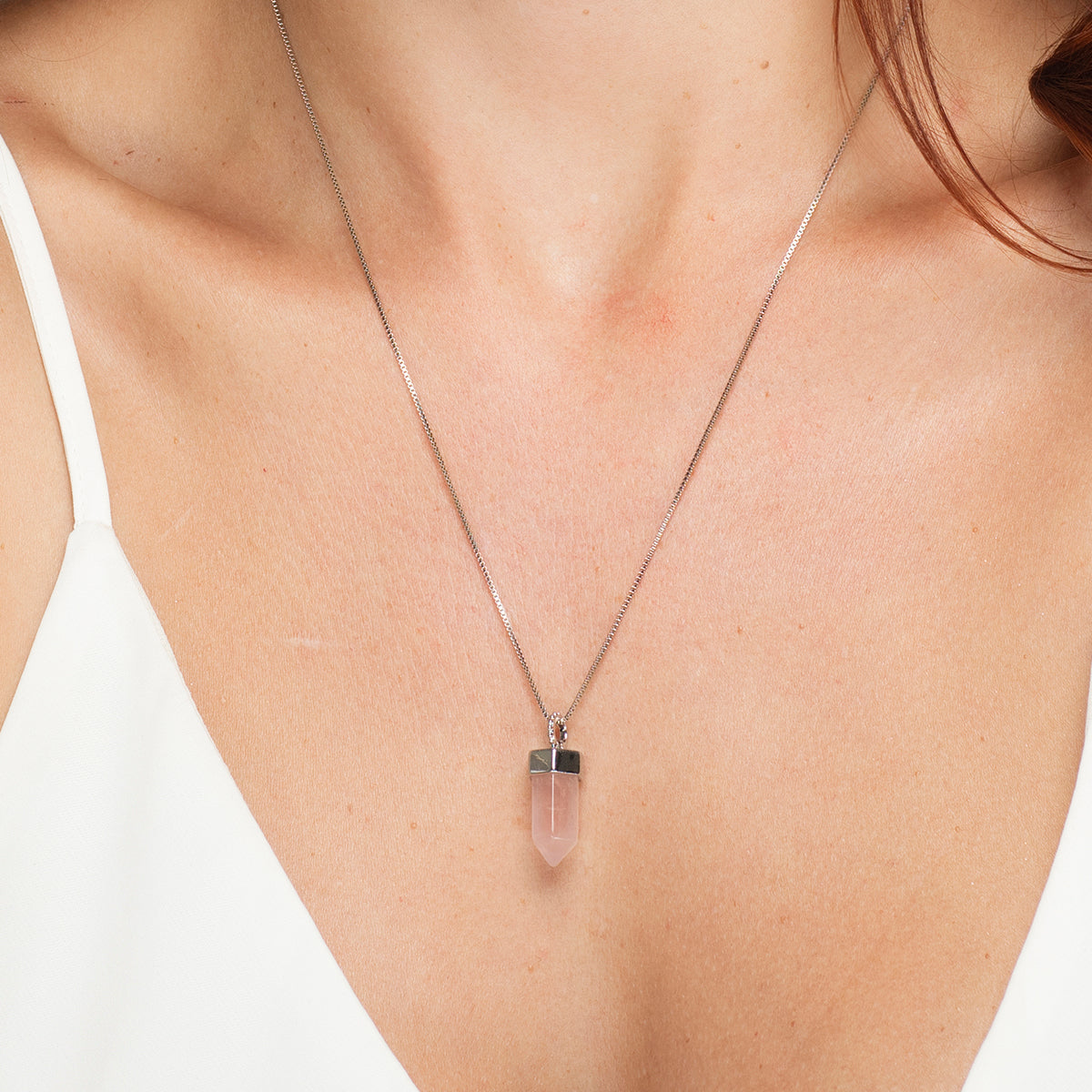 Light Pink Crystal Necklace - White Rhodium