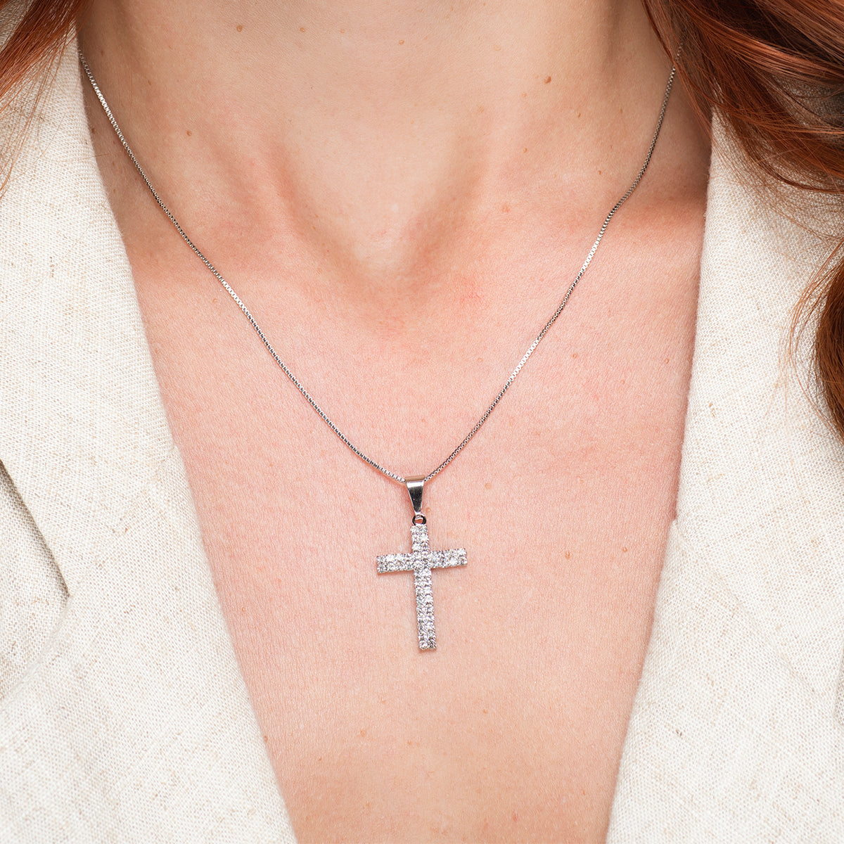 Carolline Cross Necklace - White Rhodium