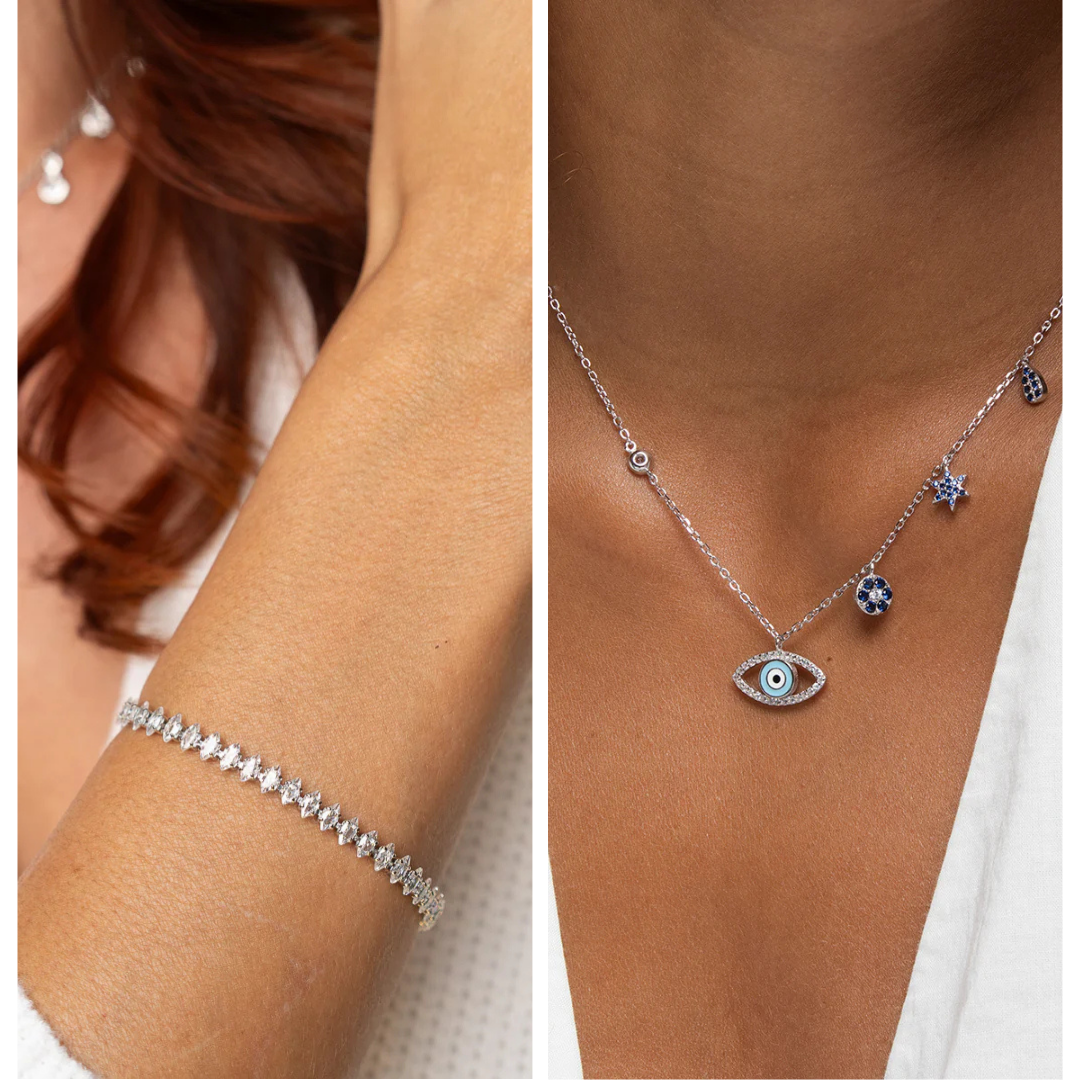 Amaya Evil Eye Necklace + Gianna Tennis Bracelet - White Rhodium