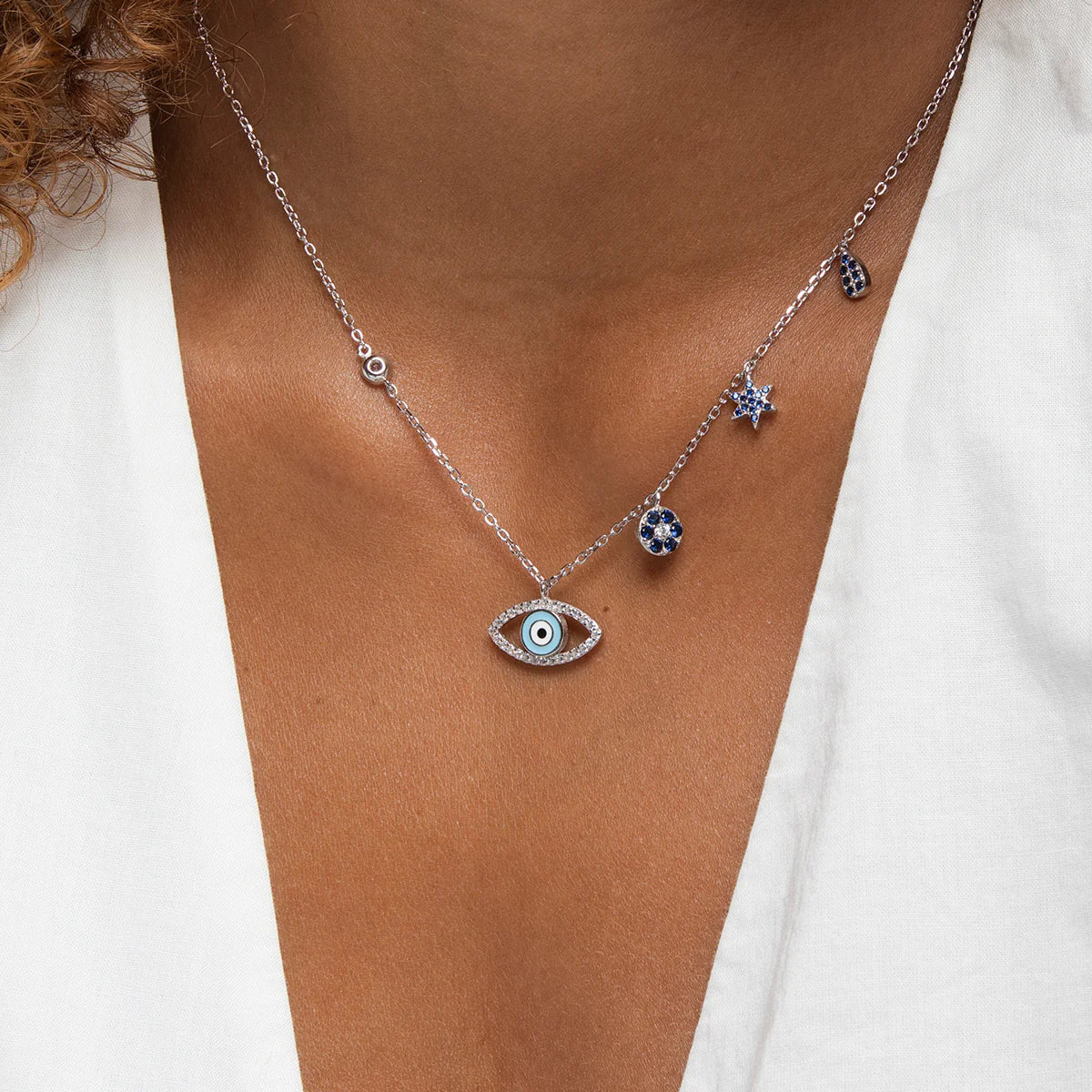 Amaya Evil Eye Necklace + Gianna Tennis Bracelet - White Rhodium